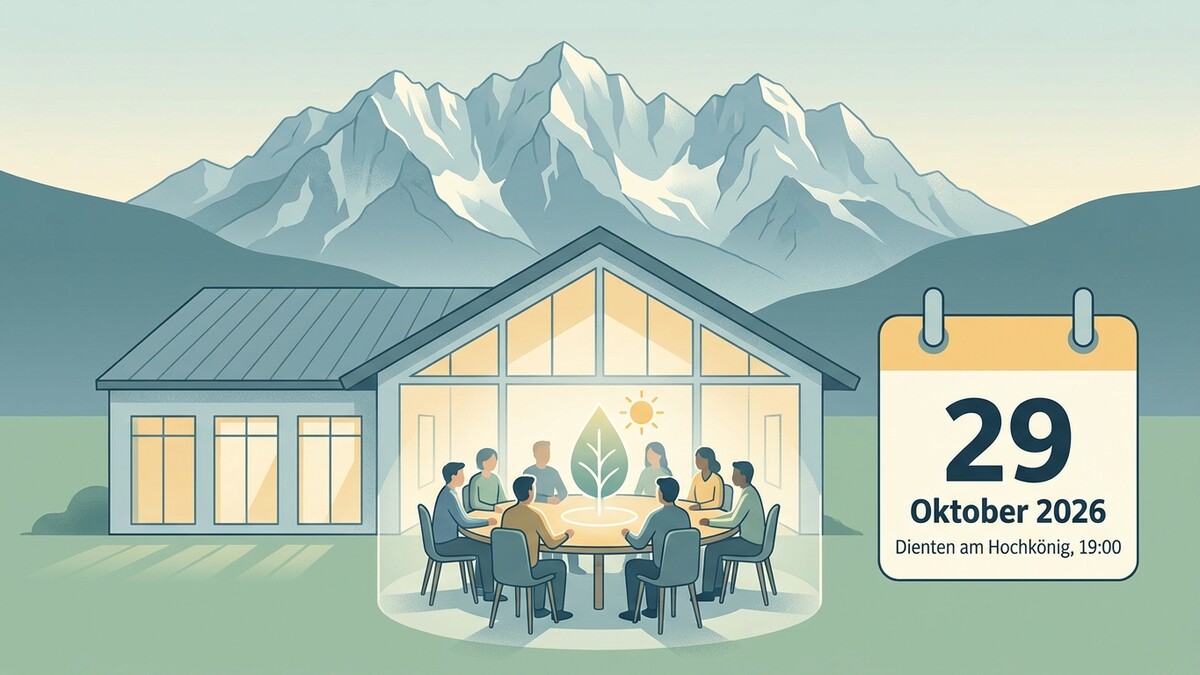 Dienten am Hochkönig: Menschen bei Besprechung im Haus vor Bergkulisse, Kalenderblatt 29. Oktober 2026