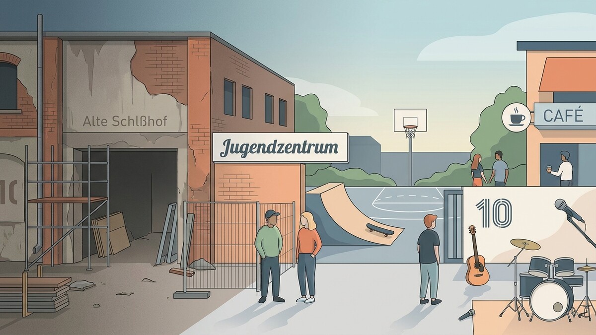 Jugendzentrum mit Café, Basketballplatz und Band-Equipment vor alter Schlachthof-Kulisse