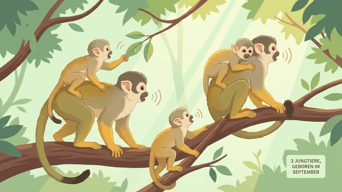 Totenkopfaffen-Familie im Dschungel, Jungtiere auf dem Rücken der Eltern