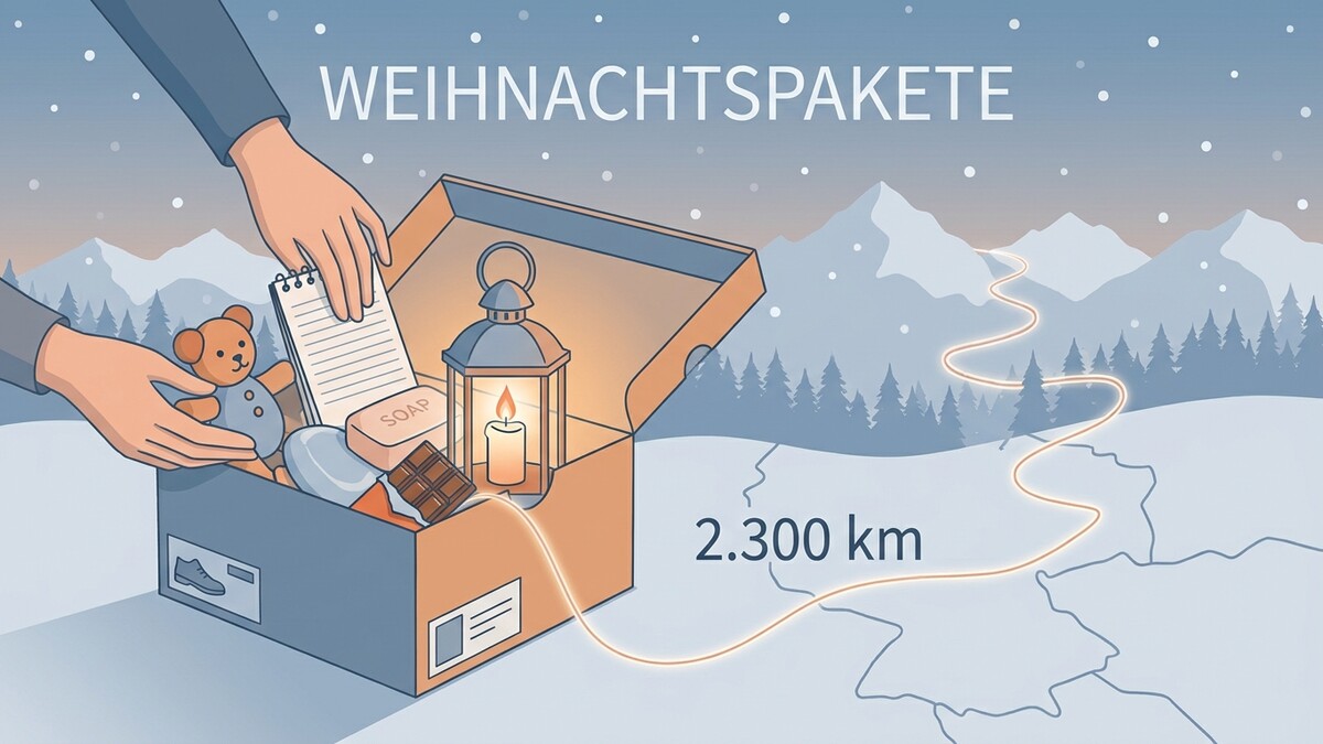 Weihnachtspakete mit Teddy, Kerze, Seife und Schokolade in einer Box, 2.300 km Wegstrecke in winterlicher Berglandschaft
