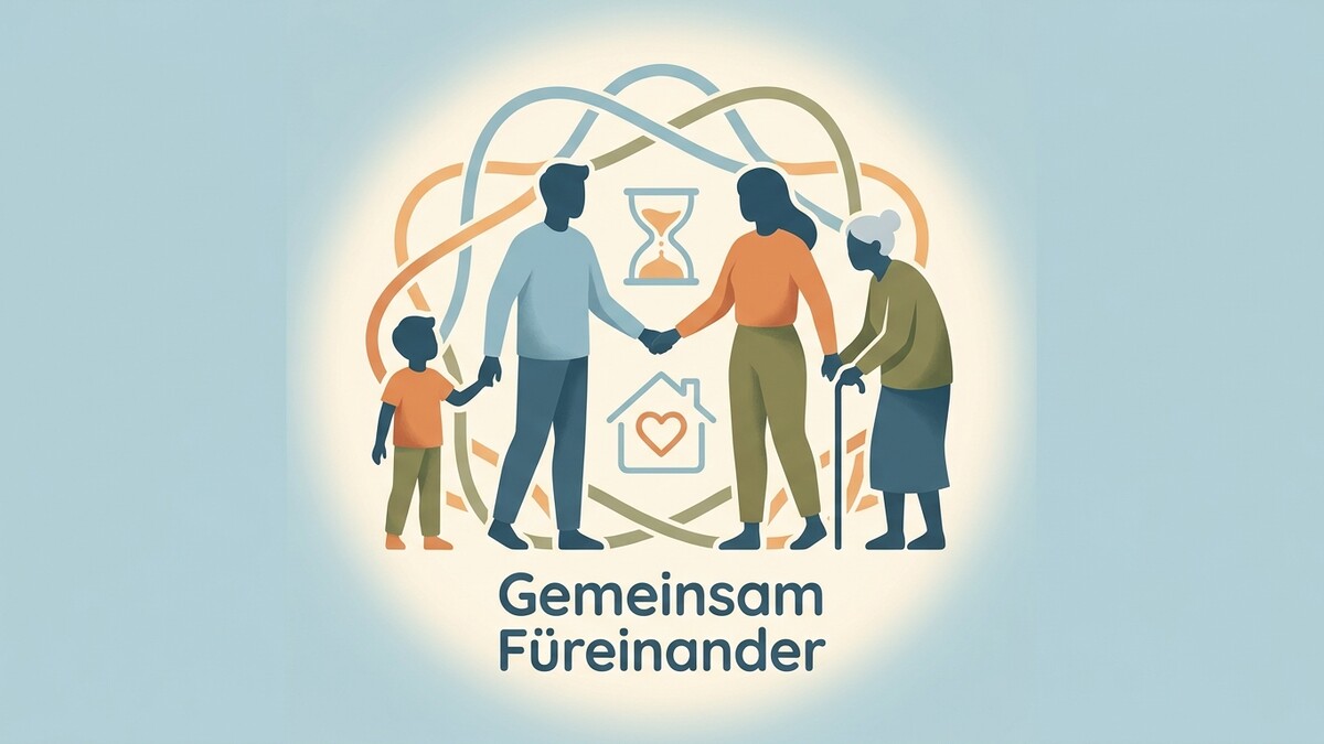 Familie mit Kind, Eltern und Großmutter mit Stock halten Hände vor Haus und Sanduhr.