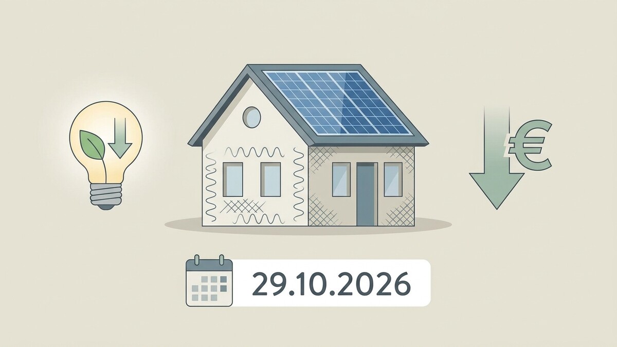 Haus mit Solaranlage, Glühbirne, Euro-Symbol und Kalenderdatum 29.10.2026.