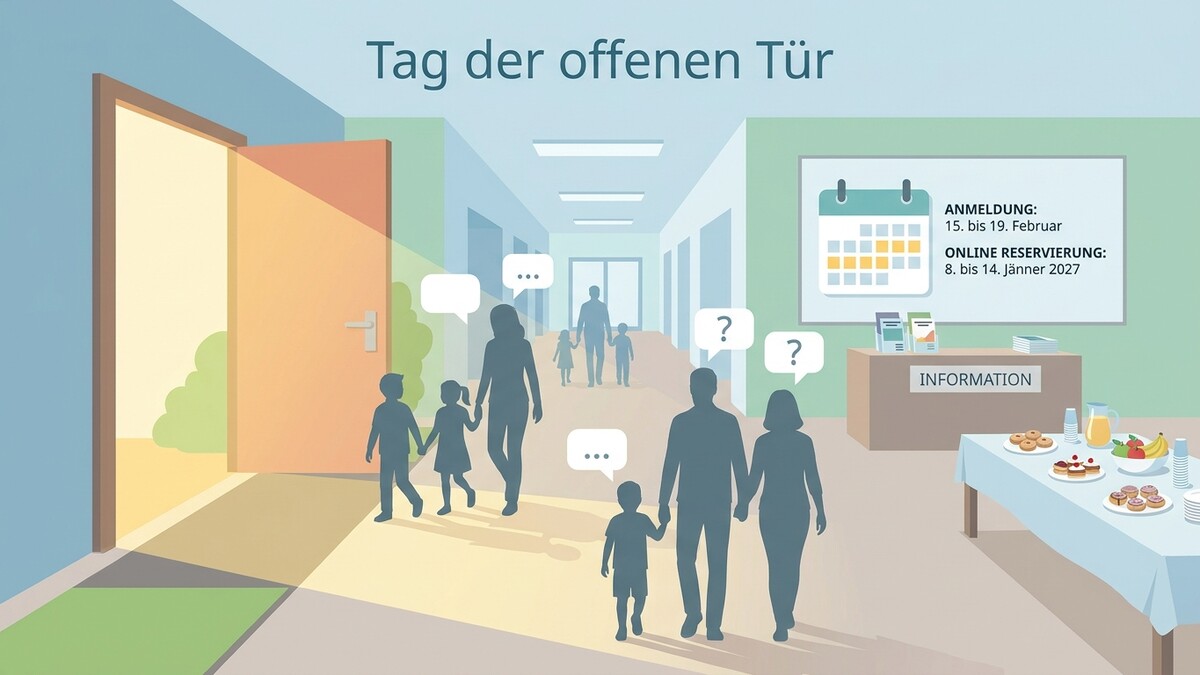 Tag der offenen Tür: Familien gehen durch einen Gang zu einer Information.