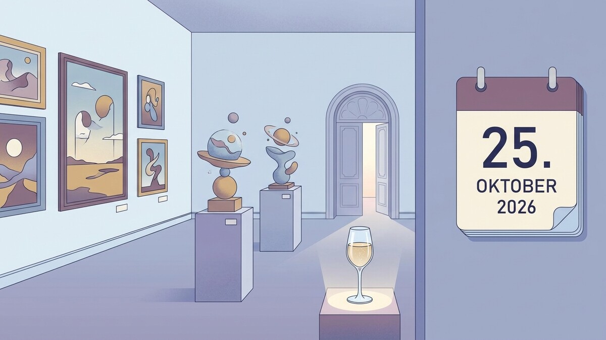 Ausstellung mit Kunstwerken und Kalenderblatt 25. Oktober 2026