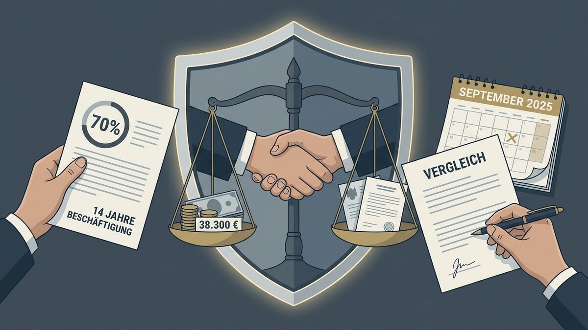 Vergleich: Händeschütteln vor Waage, Dokumente, Geld und Kalenderblatt.