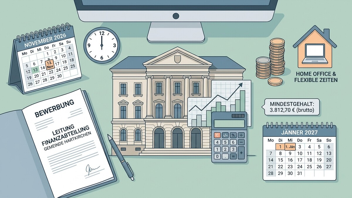 Bewerbung Leitung Finanzabteilung Gemeinde Hartkirchen mit Kalender, Geld und Rechner