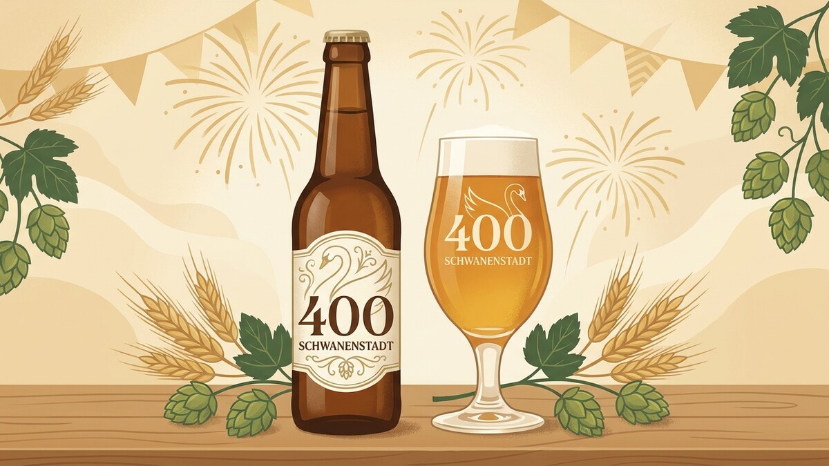 Schwanenstadt 400 Jahre Bierflasche und Bierglas mit Hopfen und Gerste