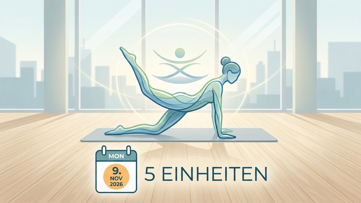 Fitnessübung auf Matte mit Kalender und Text "5 Einheiten"