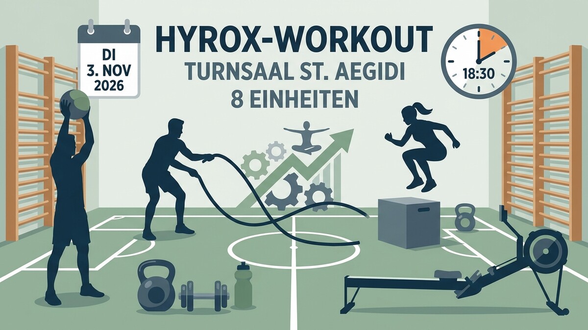 HYROX-Workout Turnsaal St. Aegidi am 3. Nov. 2026 mit Sportlern und Trainingsgeräten