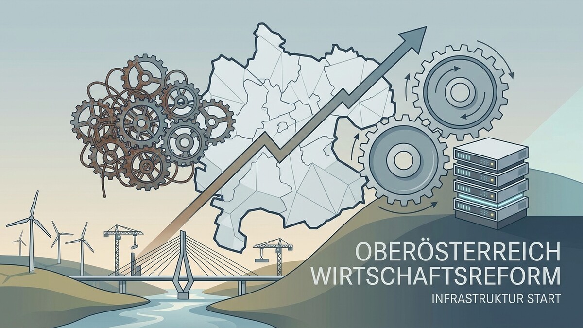 Oberösterreich Wirtschaftsreform: Zahnräder, Aufwärtstrendpfeil, Server, Brücke, Windräder