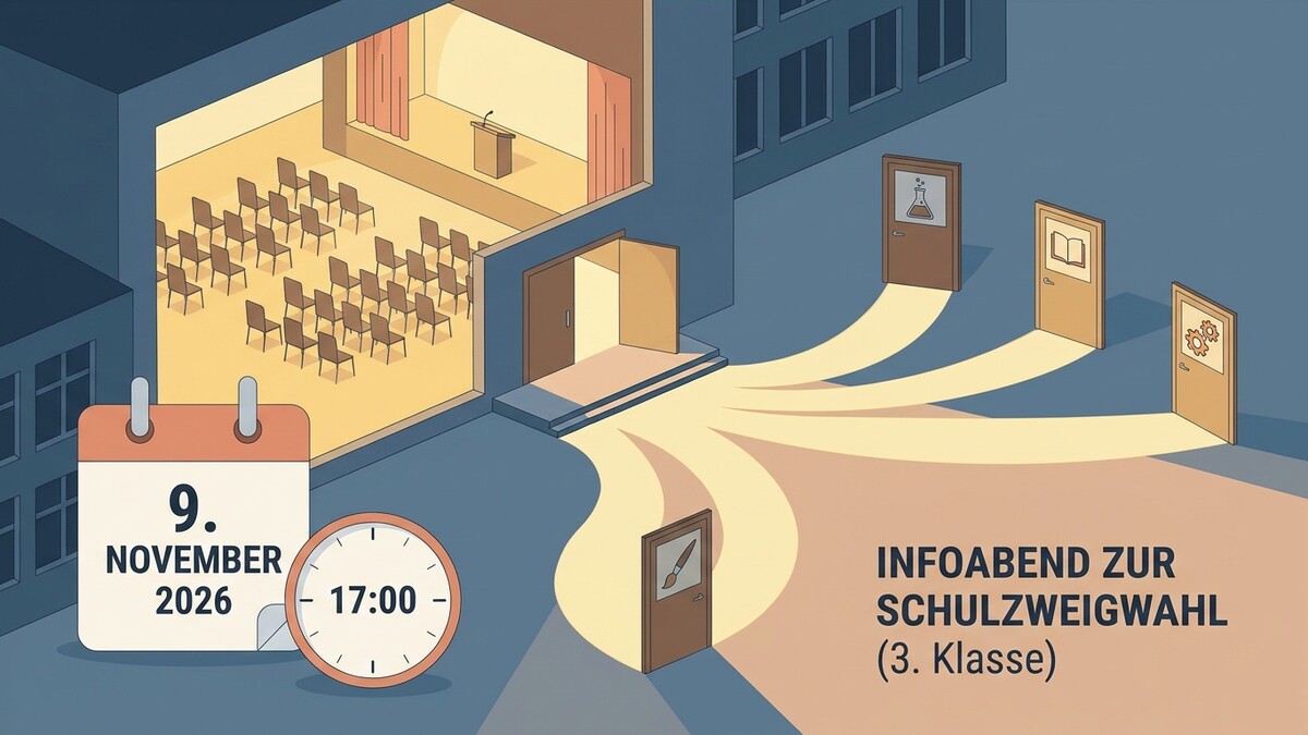Infoabend Schulzweigwahl 3. Klasse am 9. November 2026 um 17:00 Uhr mit Türen zu verschiedenen Fachbereichen.