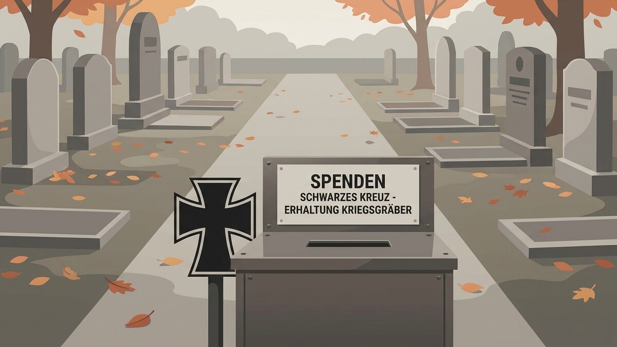 Spendenkasten mit Eisernem Kreuz für Erhaltung von Kriegsgräbern auf Friedhof