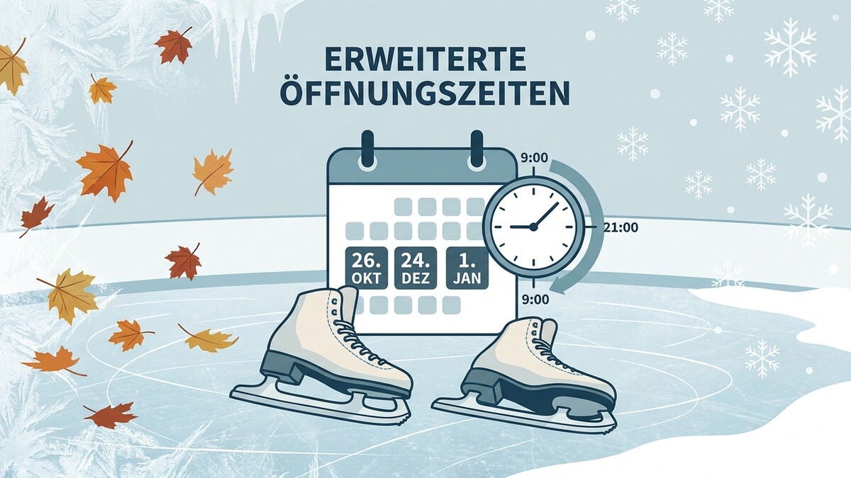 Eislaufschuhe und Kalender mit erweiterten Öffnungszeiten für 26. Okt., 24. Dez., 1. Jan.