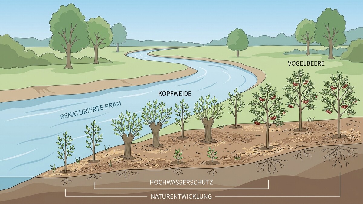 Renaturierte Pram mit Kopfwiden und Vogelbeeren zeigt Hochwasserschutz und Naturentwicklung