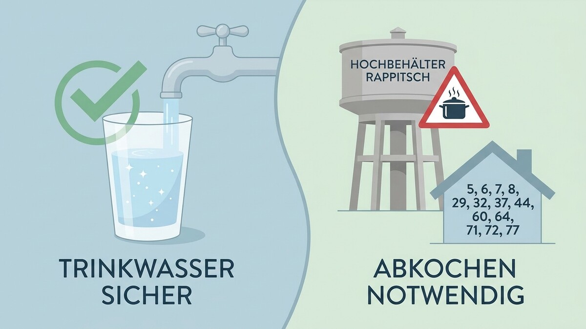 Trinkwasser Rappitsch: Glas mit Wasser und Wasserhahn, Hochbehälter, Warnschild, Haus mit Nummern