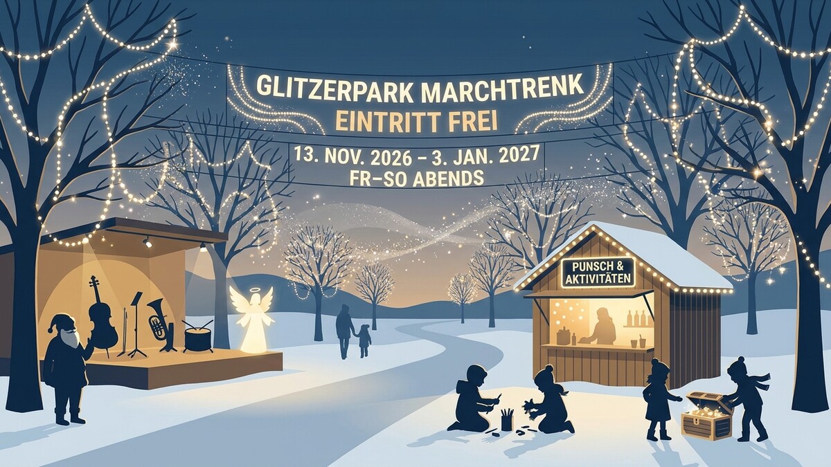 Glitzerpark Marchtrenk: Weihnachtliche Szene mit Bühne, Punschstand und spielenden Kindern