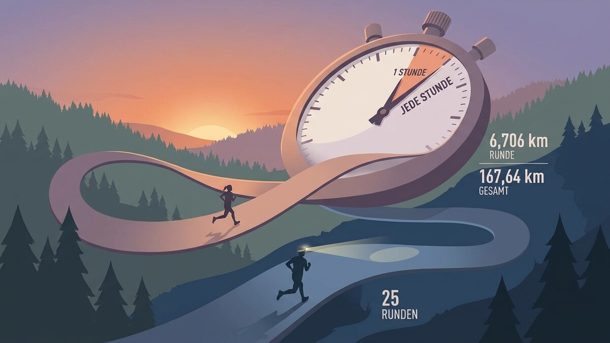 Laufstrecke mit Stoppuhr und Läufern im Wald bei Sonnenuntergang