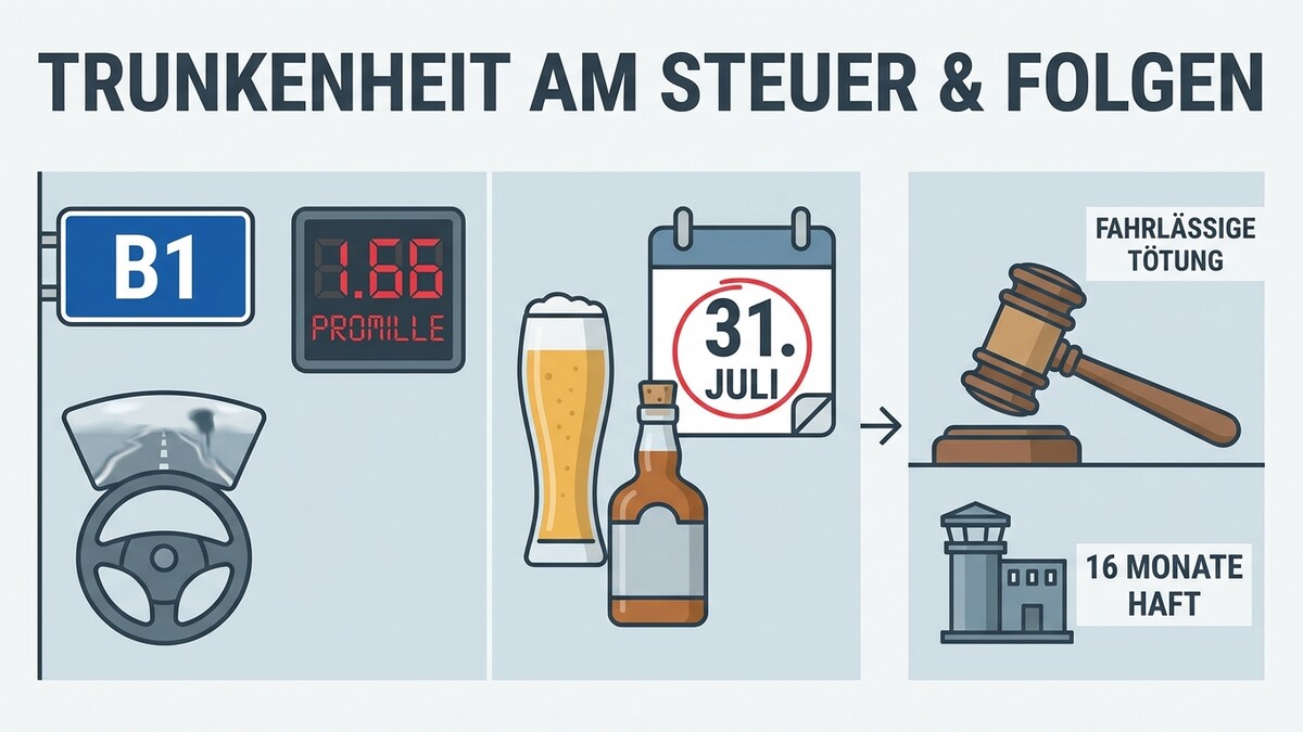 Promille am Steuer und Folgen: B1-Schild, 1,66 Promille, Bier, Kalender 31. Juli, Richterhammer, Gefängnis, 16 Monate Haft