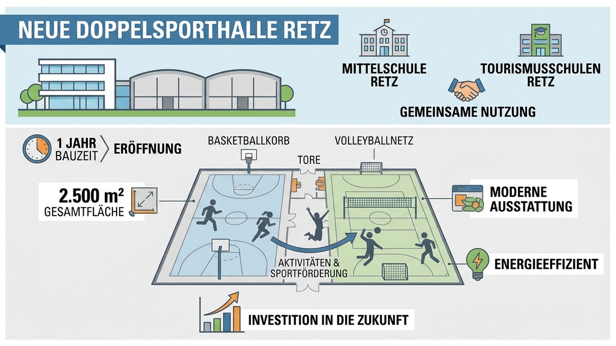 Neue Doppelsporthalle Retz: 2.500 m² Fläche, Basketball, Volleyball, moderne Ausstattung