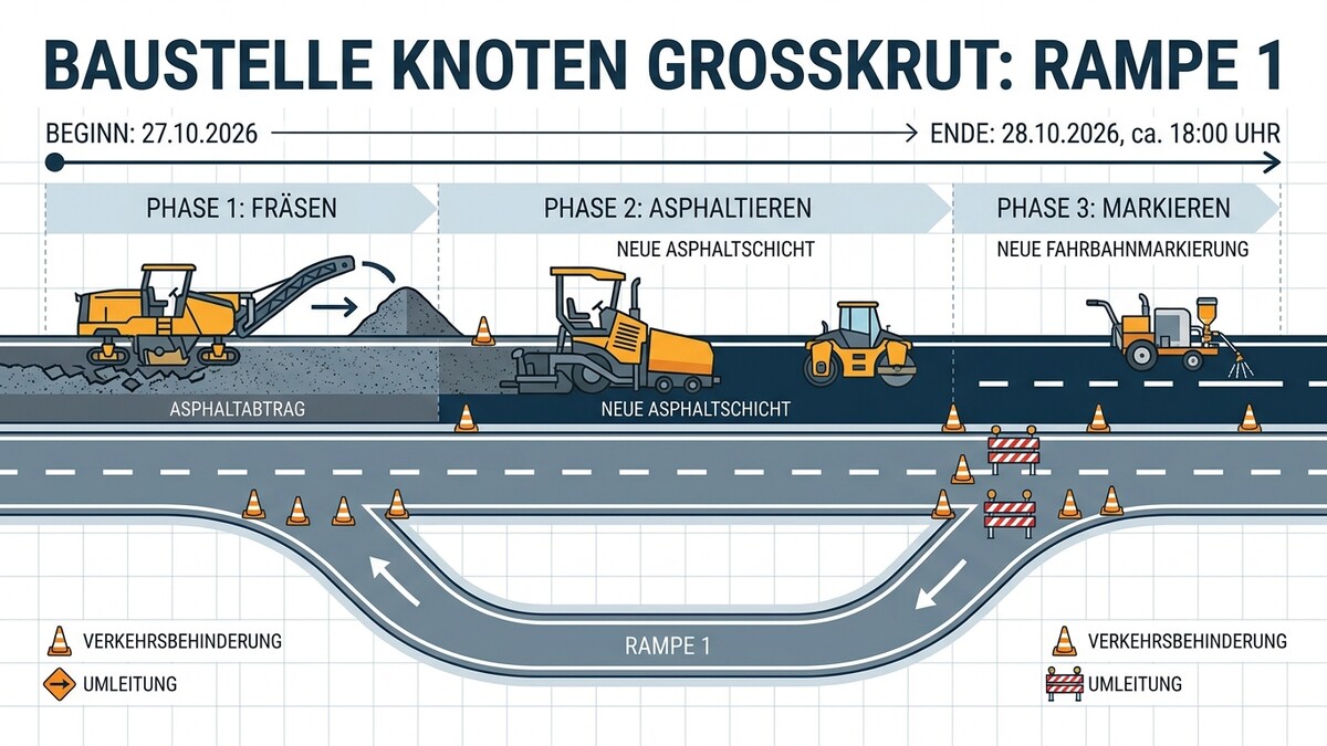 Baustelle Knoten Großskrut Rampe 1: Fräsen, Asphaltieren und Markieren der Fahrbahn