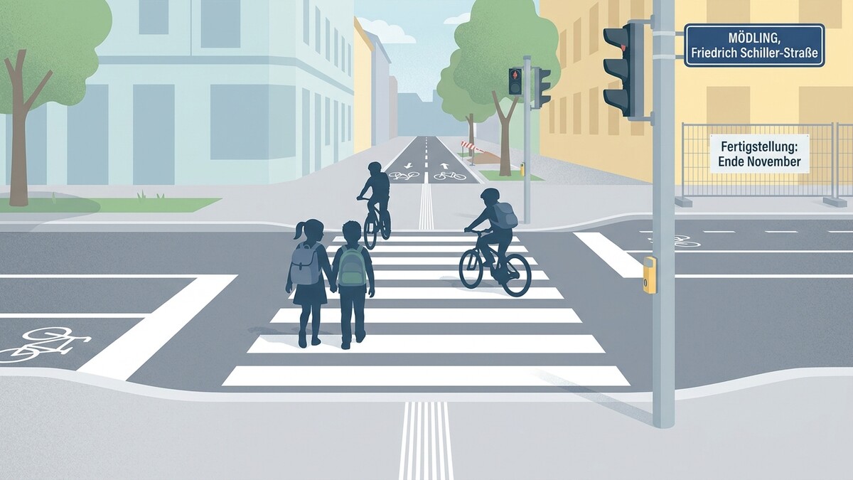 Kinder überqueren Zebrastreifen in Mödling, Friedrich Schiller-Straße, Radfahrer auf Radweg