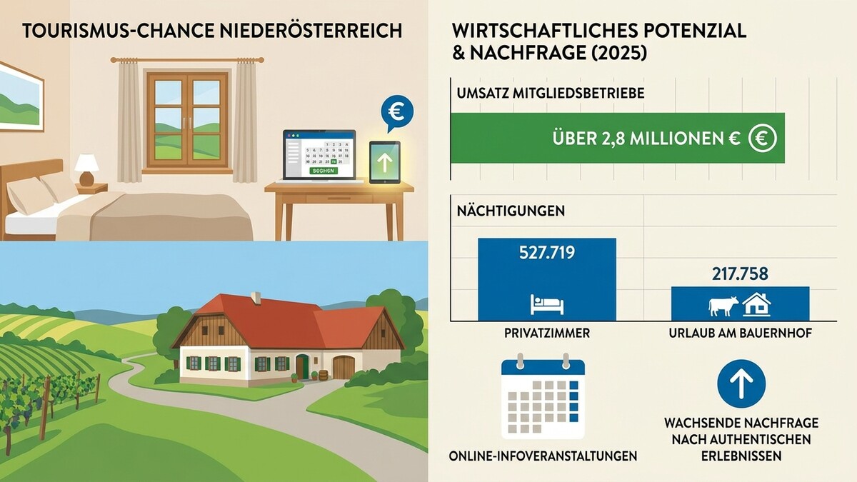 Tourismus Niederösterreich: Umsatz über 2,8 Mio. €, 527.719 Nächtigungen Privat, 217.758 Urlaub am Bauernhof