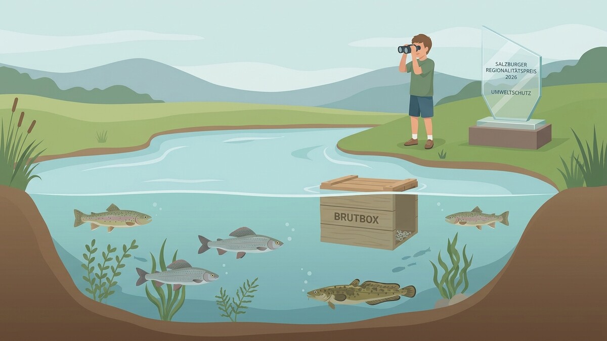 Fische in Brutbox mit Junge, Junge mit Fernglas und Preis für Umweltschutz