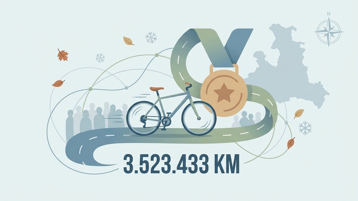 Rad mit Medaille und Distanzangabe 3.523.433 km vor Menschengruppe