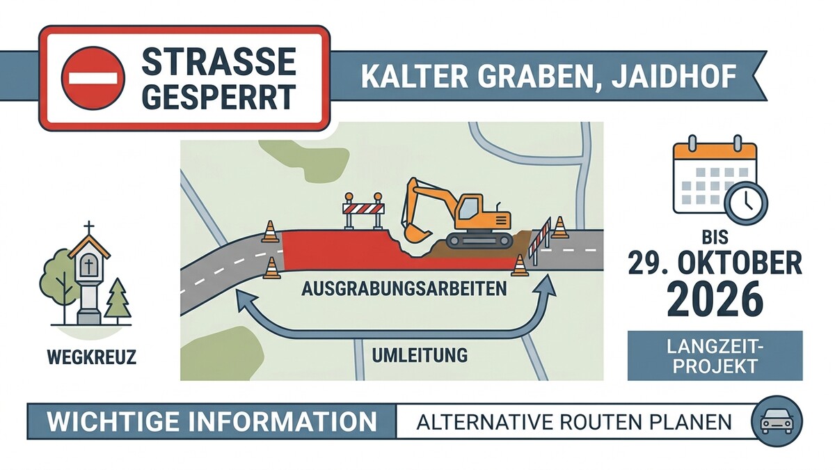 Straßensperre Kalter Graben, Joidhof: Ausgrabungsarbeiten mit Umleitung bis 29. Oktober 2026