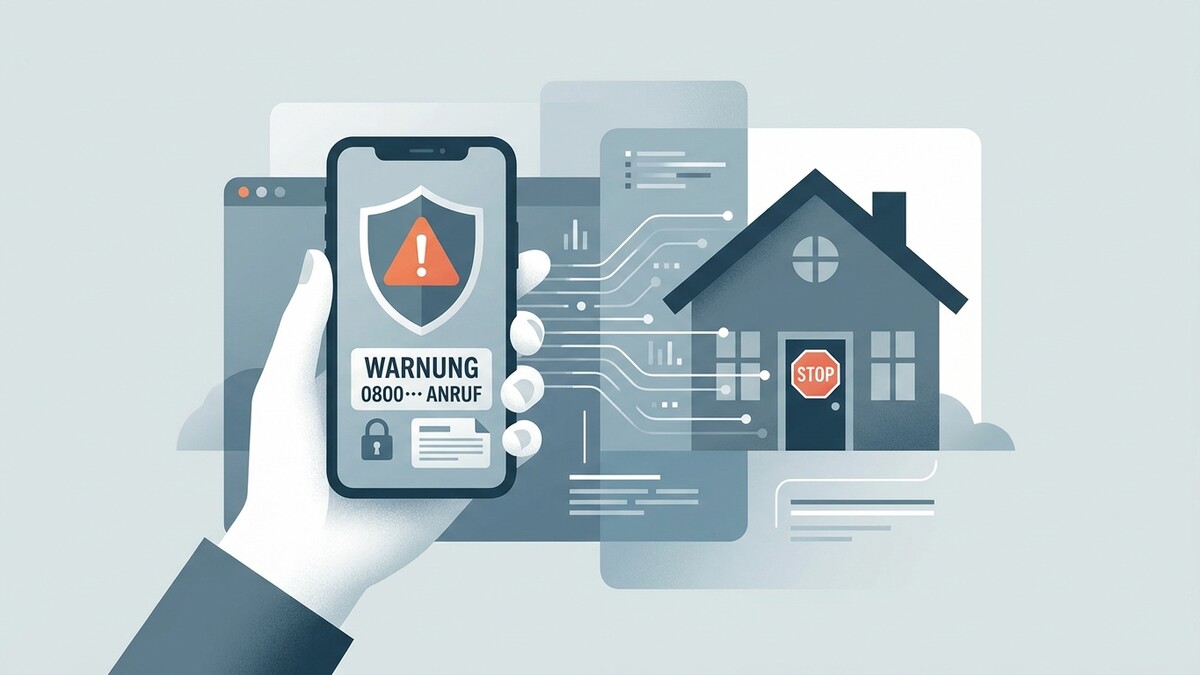 Warnung vor Anruf: Smartphone mit Warnsymbol neben Haus mit Stopp-Schild