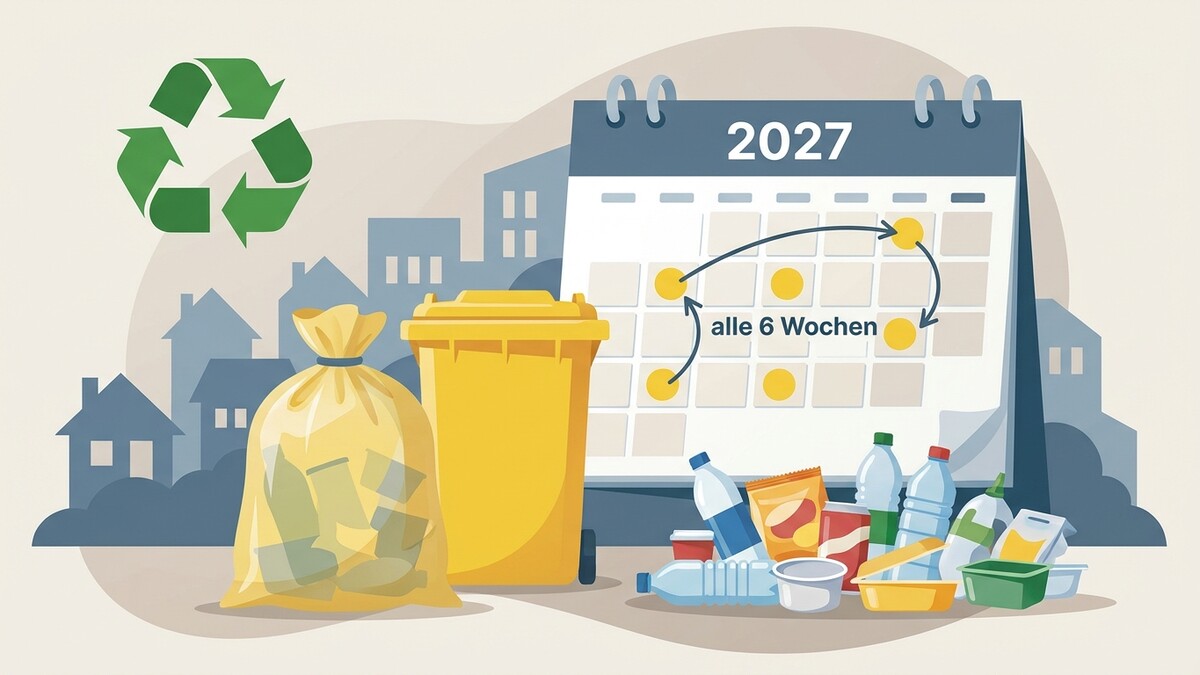 Gelbe Mülltonne und Müllsack vor Kalender 2027 mit gelben Punkten, die alle 6 Wochen markieren