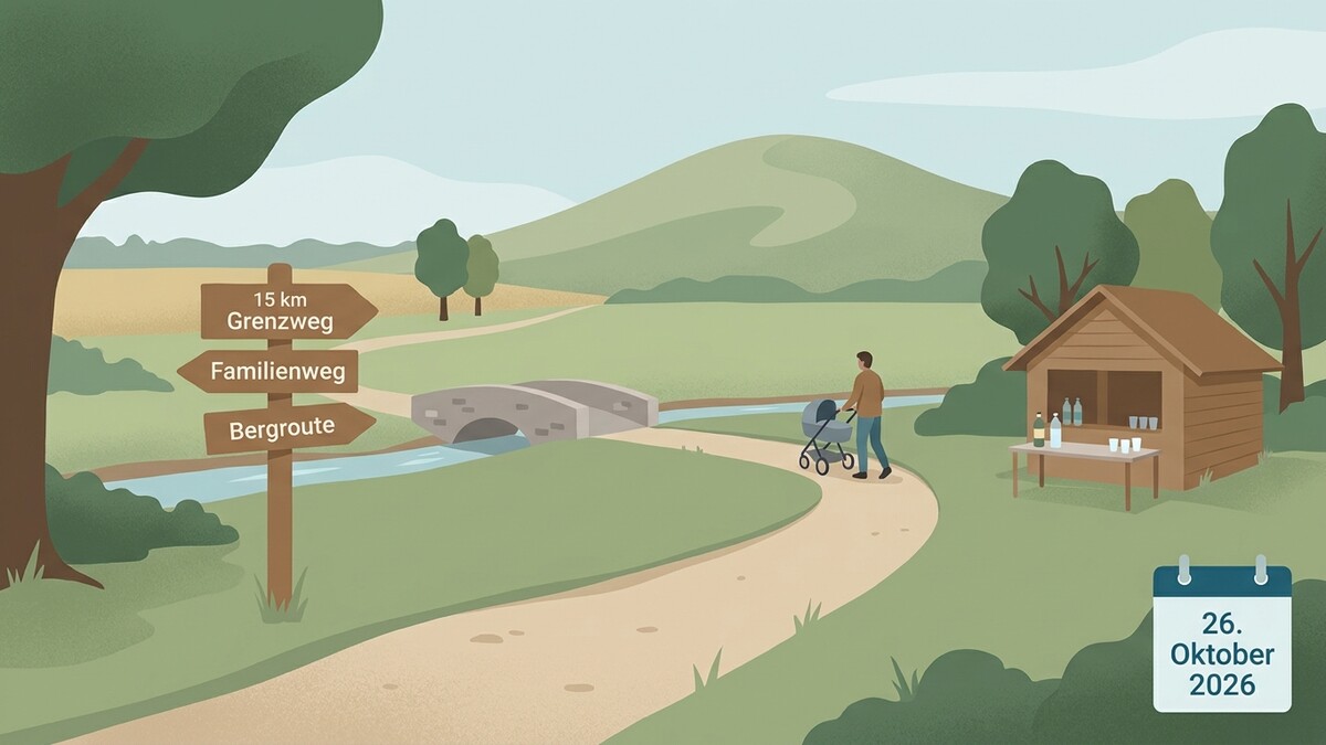 Wanderwegschild mit 15 km Grenzweg, Familienweg und Bergroute, Mann mit Kinderwagen
