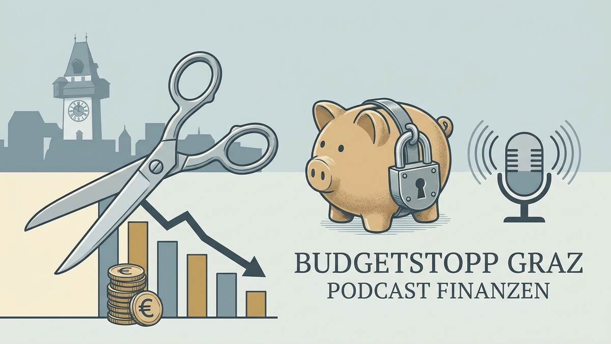 Budgetstopp Graz Podcast Finanzen: Schere über Münzen und Sparschwein mit Schloss