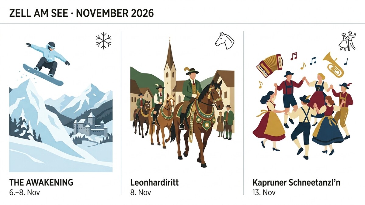 Zell am See November 2026: Snowboarder auf Berg, Leonhardiritt und Schneetanzl'n
