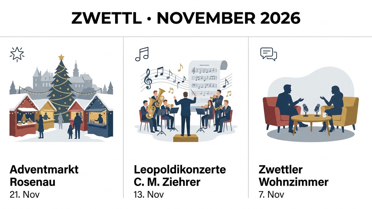 Zwettl: Adventmarkt Rosenau, Leopoldikonzerte, Zwettler Wohnzimmer