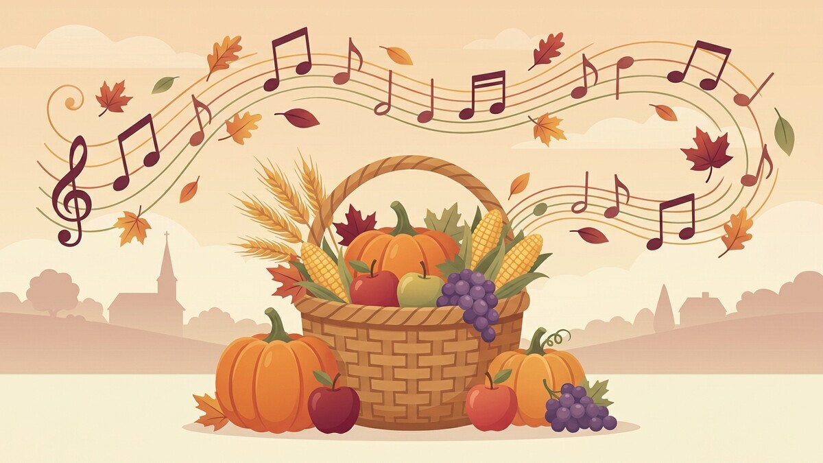 Herbstkorb mit Kürbissen, Äpfeln, Mais und Trauben vor ländlicher Silhouette mit Musiknoten