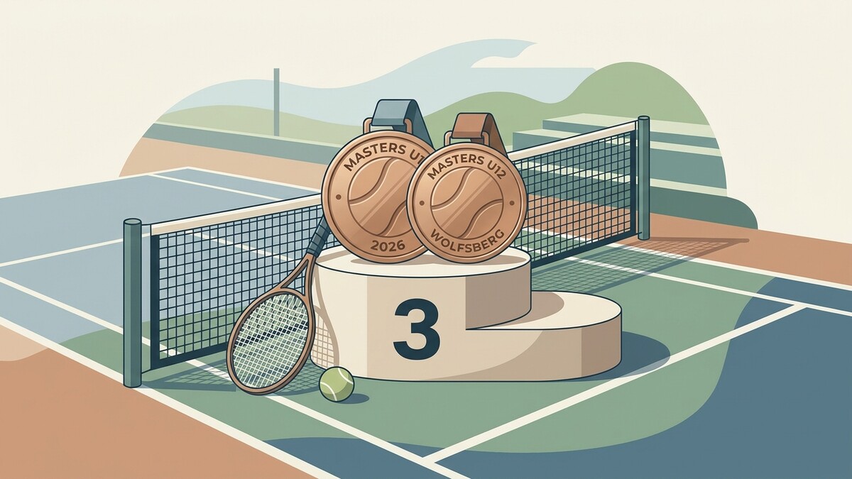 Tennis-Medaillen Masters U12 Wolfsberg 2026 auf Siegerpodest 3 mit Schläger