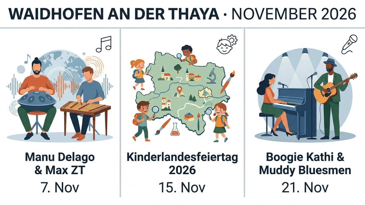 Waidhofen an der Thaya: Manu Delago & Max ZT, Kinderlandesfeiertag, Boogie Kathi & Muddy Bluesmen im November 2026