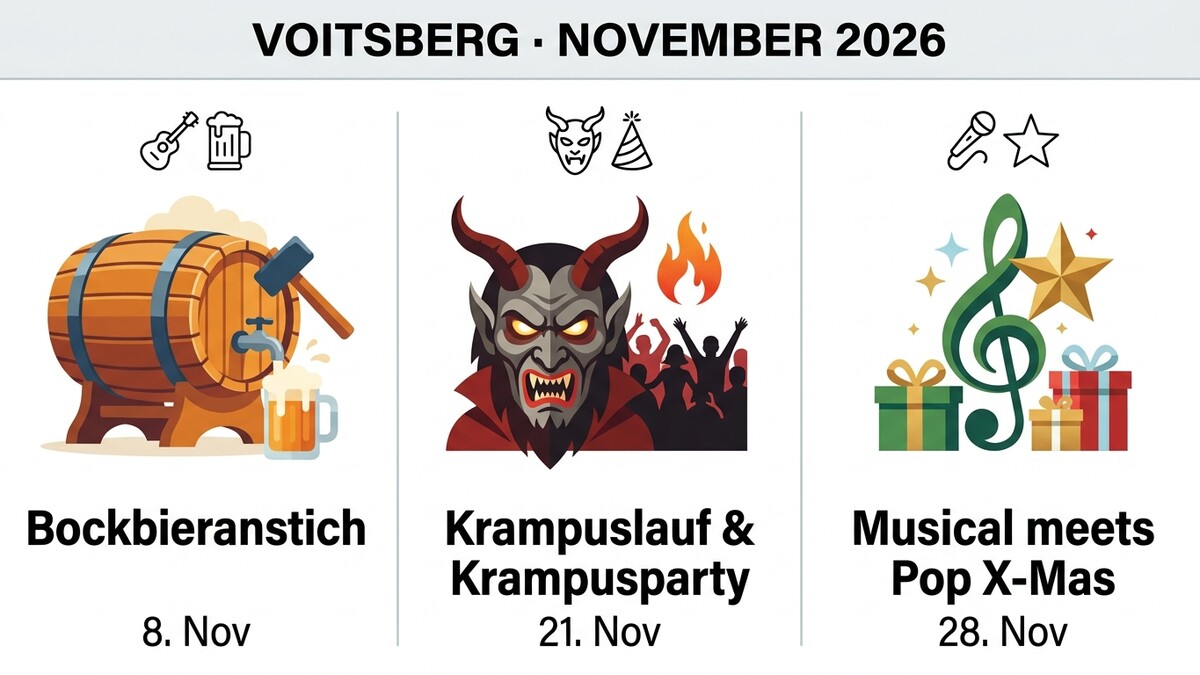 Voitsberg November 2026: Bockbieranstich, Krampuslauf & Party, Musical meets Pop X-Mas