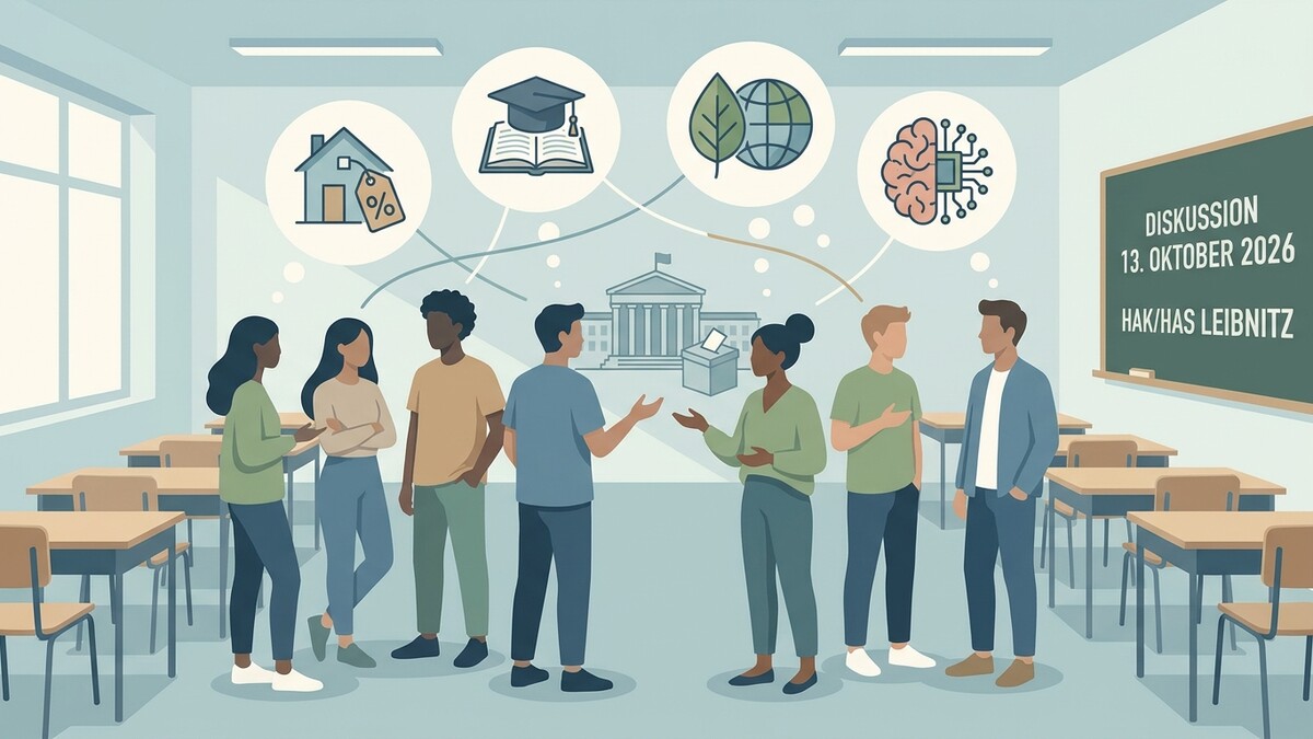Diskussion HAK/HAS Leibnitz am 13. Oktober 2026 mit symbolischen Icons zu Bildung, Umwelt, Wirtschaft und KI.
