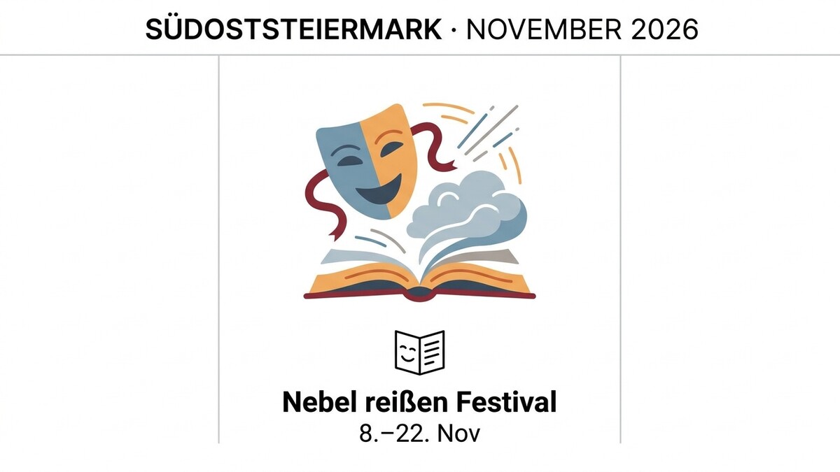 Nebel reißen Festival Südoststeiermark November 2026 mit Theatermaske und Buch