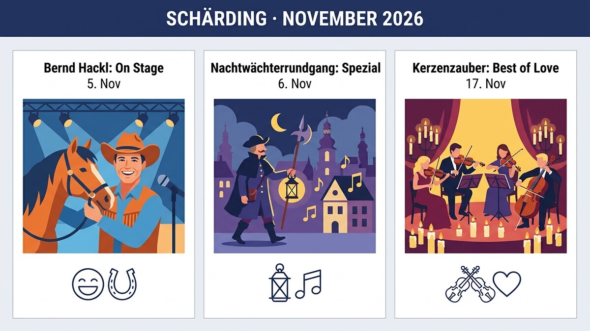 Bernd Hackl mit Pferd auf Bühne in Schärding, Nachtwächter mit Laterne und Stadt in Schärding, Streichquartett bei Kerzenlicht in Schärding