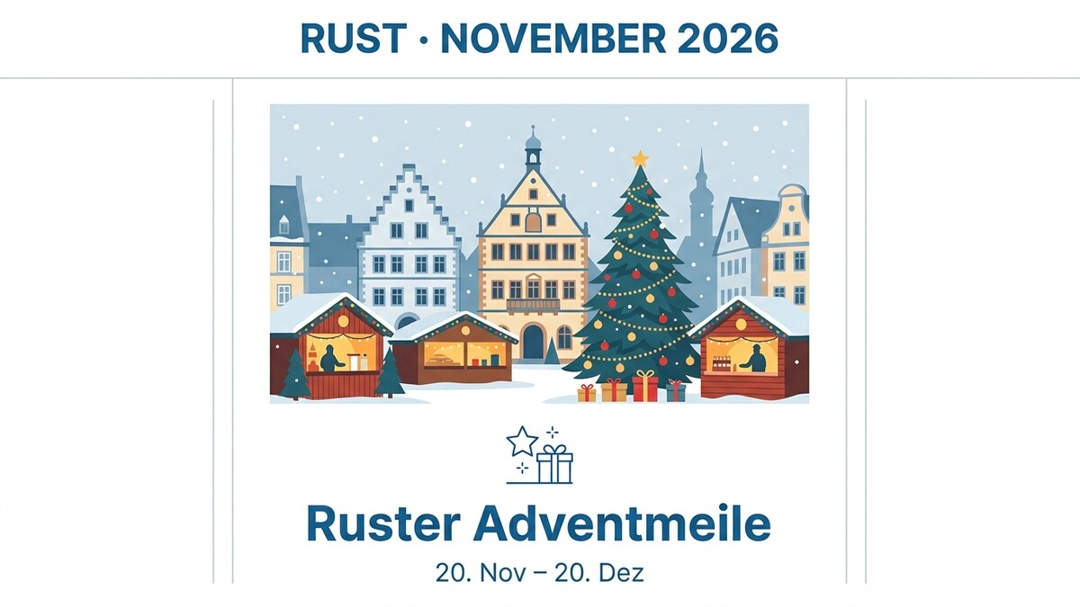 Ruster Adventmeile mit Christbaum und Buden vor historischer Kulisse in Rust