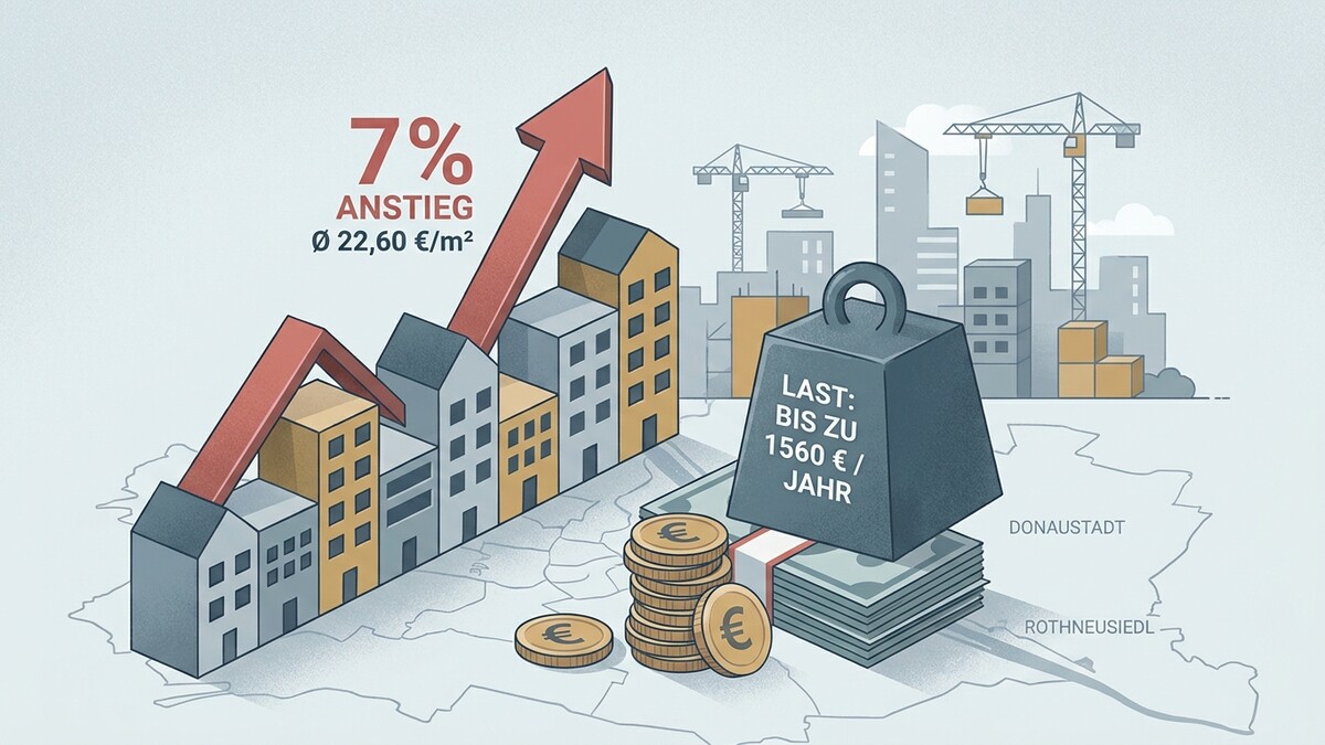 Mietkostenanstieg 7% Ø 22,60 €/m² mit Bausymbolen, Geld und Gewicht