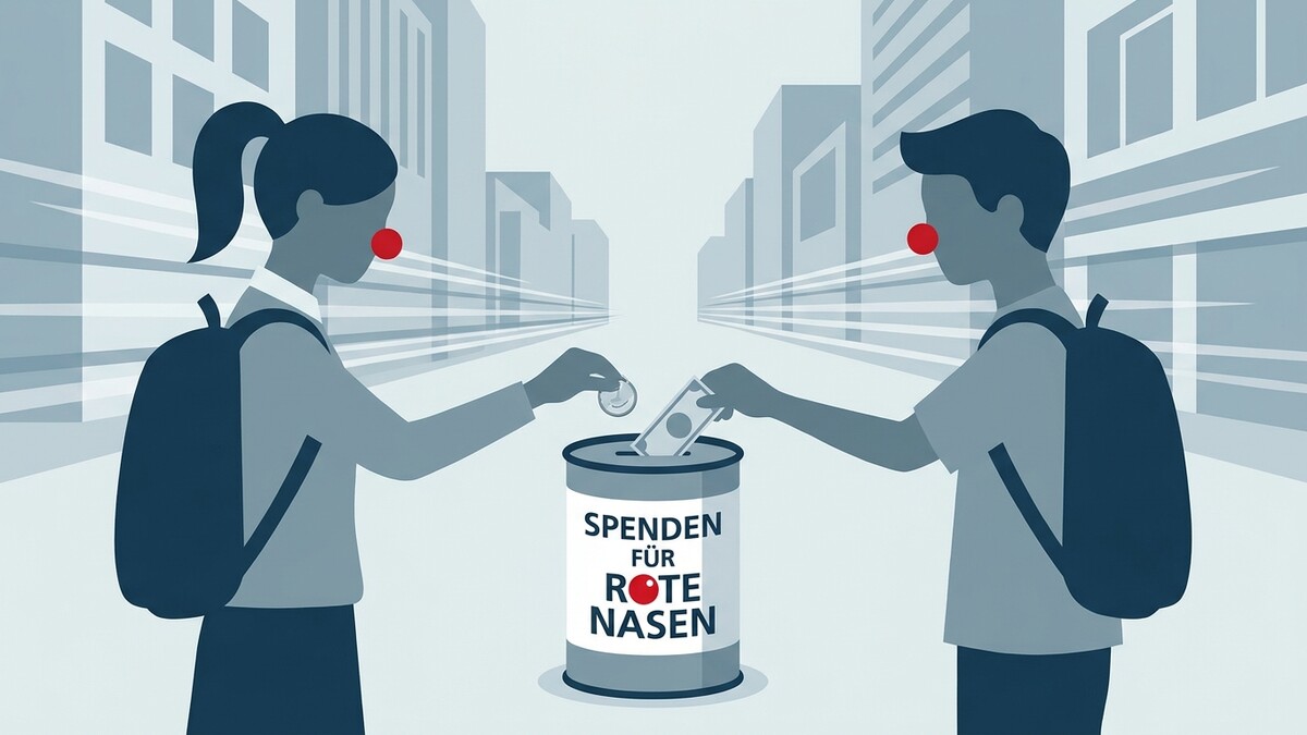 Spenden für Rote Nasen: Kinder mit roten Nasen werfen Geld in eine Spendenbox auf einer Stadtstraße.