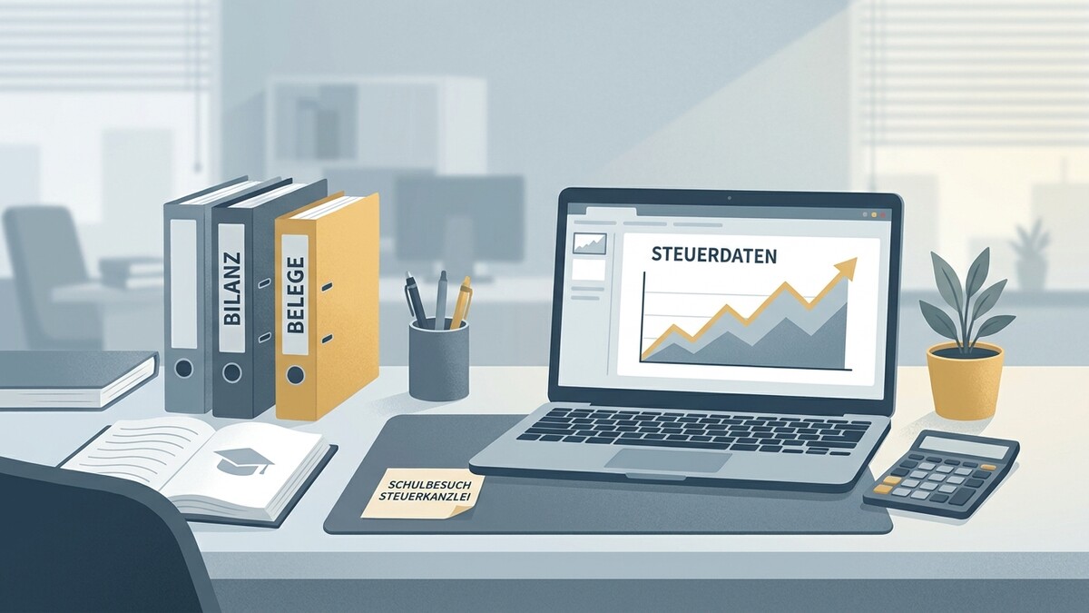 Steuerdaten: Laptop mit Grafik, Ordnern, Buch und Taschenrechner am Schreibtisch