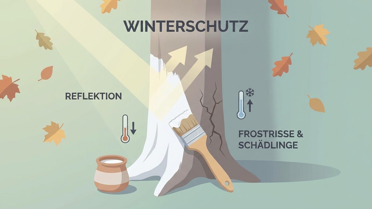 Winterschutz: Baumstamm wird mit Farbe und Pinsel vor Frost und Schädlingen geschützt