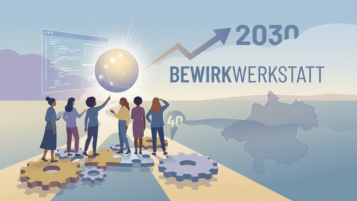 BEWIRKWERKSTATT 2030: Fünf Frauen blicken auf eine leuchtende Weltkugel und einen Bildschirm mit Code.