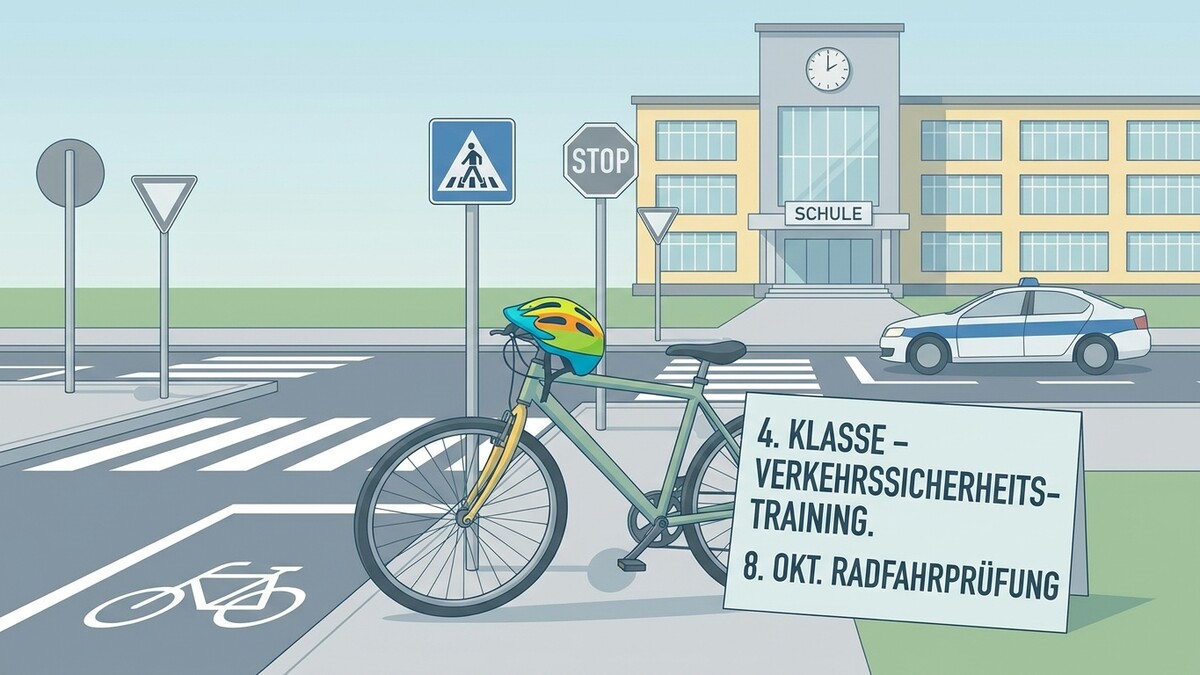 Fahrrad vor Schule mit Verkehrsschildern und Polizeiauto, 4. Klasse Verkehrssicherheitstraining.
