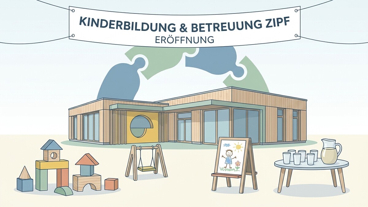 Kinderbildung & Betreuung ZIPF Eröffnung: Illustration eines modernen Gebäudes mit Spielzeug, Schaukel und Malstaffelei